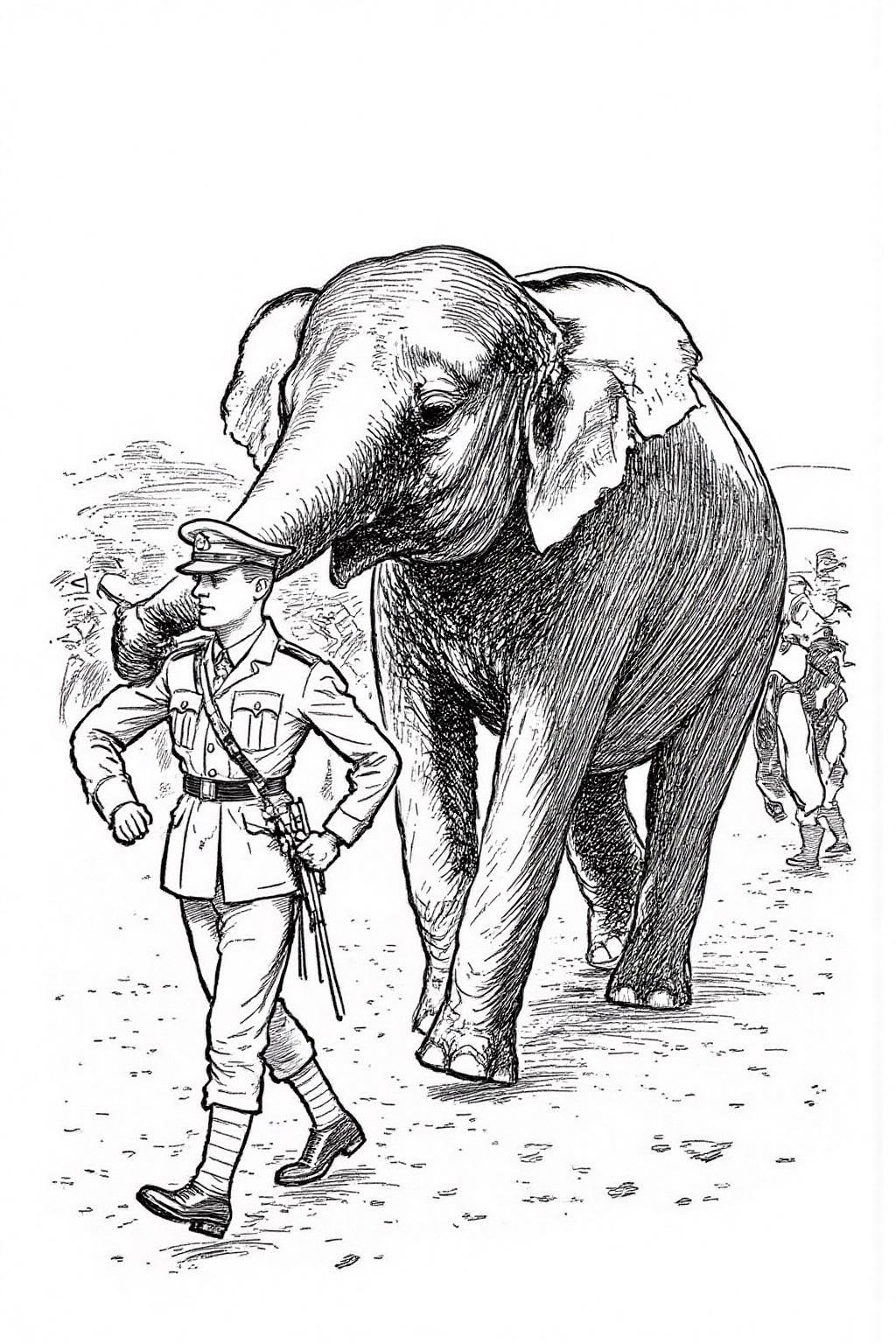 ehshep1 sketch.
A British soldier walking with a large elephant. The soldier, dressed in a World War I-era uniform is walking confidently in front of the elephant. <lora:ehshep2_cap_d6a3e12:1.0><lora:825898408595420050:0>