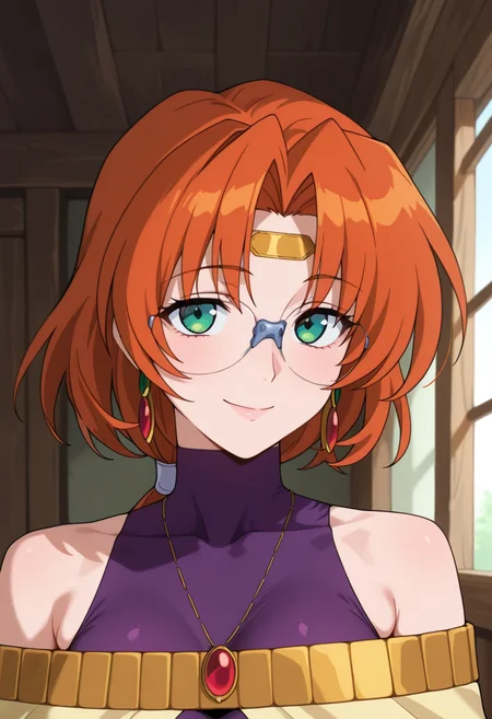 masterpiece, best quality, amazing quality, absurdres, 1girl, solo, (portrait:1.2), ailaww, mature female, green eyes, orange hair, long hair, low ponytail, parted bangs, glasses, rimless eyewear, medium breasts, circlet, yellow capelet, purple turtleneck shirt, sleeveless, covered collarbone, bare shoulders, looking at viewer, smile, indoors, day, skindentation, detailed clothing folds, depth of field, sharp, high contrast, dynamic light <lora:Aila_Mahou_Senshi_Louie_ill_v12:0.9>