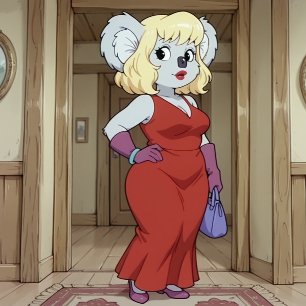 masterpiece, best quality, amazing quality, Blinkybbil, semi-anthro, male, Koala, grey fur, black eyes, red dress, purple gloves, blue bracelet, red lipstick, blonde hair, purple shoes, blue purse, inside, solo