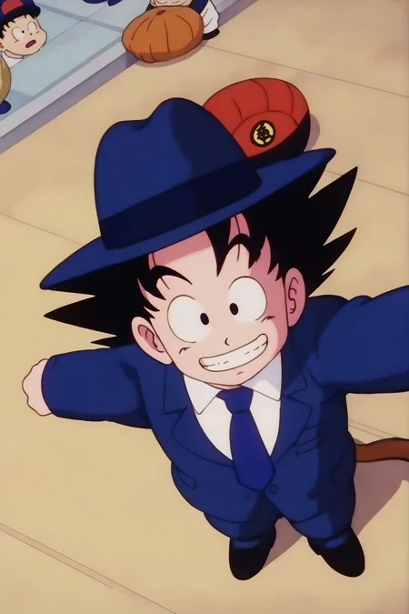 source_anime, score_9, score_8_up, score_7_up, anime screencap,8k, absurd res,
son goku, smile, black hair, 1boy, blue headwear, hat, full body, male focus, outdoors, necktie, teeth, grin, black eyes, formal, blue suit, white shirt, collared shirt, spiked hair, blue necktie, shoes, looking at another, male child, clenched hand, chibi, arm at side, 1980s \(style\), retro artstyle selfie, from above, 
<lora:gokudb_pony_v2:0.8>