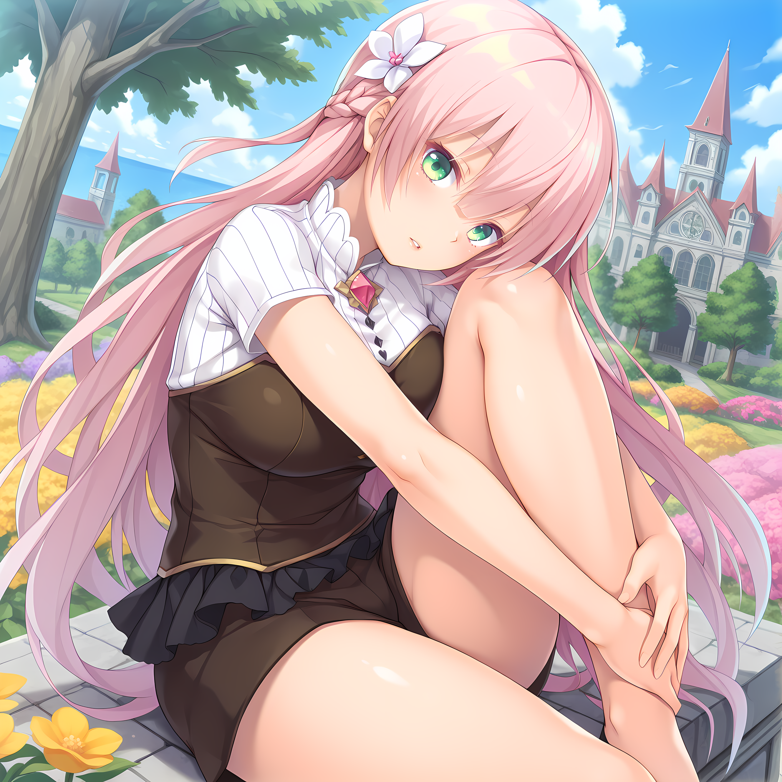 <lora:Terese_Elminaãã¬ãµã¨ã«ããã¢_-_Escude_-_Hime_to_Aiyoku_no_Sacrifice:0.8>,solo,terese,casual outfit,pink hair,long hair,braid,green eyes,hair between eyes,bangs,hair flower,large breasts,outdoors,sitting,head on knees,hugging own legs,leg up,knee up,head tilt,parted lips,lips,looking at viewer,garden,tree,flower,fantasy,surreal,psychedelic,gothic architecture,grand skyscraper,horizon,, masterpiece,best quality,amazing quality, very aesthetic, absurdres,detailed eyes,ultra-detailed,