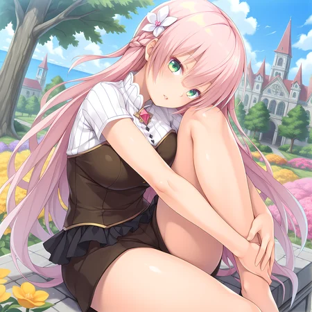 <lora:Terese_Elminaãã¬ãµã¨ã«ããã¢_-_Escude_-_Hime_to_Aiyoku_no_Sacrifice:0.8>,solo,terese,casual outfit,pink hair,long hair,braid,green eyes,hair between eyes,bangs,hair flower,large breasts,outdoors,sitting,head on knees,hugging own legs,leg up,knee up,head tilt,parted lips,lips,looking at viewer,garden,tree,flower,fantasy,surreal,psychedelic,gothic architecture,grand skyscraper,horizon,, masterpiece,best quality,amazing quality, very aesthetic, absurdres,detailed eyes,ultra-detailed,