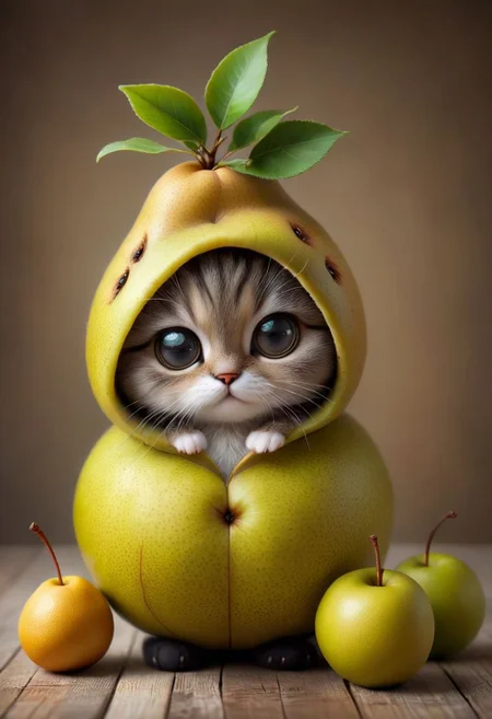 An award winning photo , a cute little baby cat,sitting around in a pear costume, (fruit) , (((cuteness overload))) <lora:add-detail-xl:1>, <lora:WowifierXL-V2:1>, zhibi