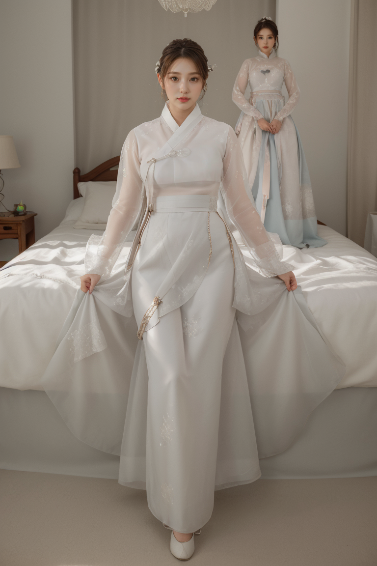 (masterpiece, best quality, 8k, RAW photo, beautiful and aesthetic:1.2), complex detail, Indirect light, photorealistic,
A neighbor's wife in bed room, (((woman:1.6))), (full body:1.3), Ice Palace Ballroom with Crystal Pillars and Frozen Statues,
 <lora:fusionhanbok:1> Fhanbok,