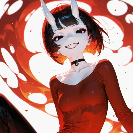 1girl, solo, grin, perfect face, perfect body, seductive pose, short hair, long white horns,  looking at viewer, white hair, oni horns,  choker, makeup, oni, (small breasts, flat breasts), upper body, bob cut, shirt, masterpiece, newest, absurdres,very aesthetic, black hair, black eyes, white skin, red theme, extreme particles, flat colors, white background, detailed background, hell, standing, facing viewer, looking at viewer, simple, best quality