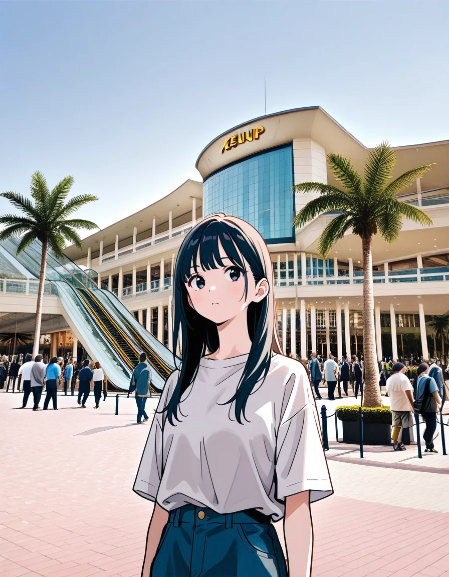 score_7_up, anime BREAK official art, solo, 1girl, one girl,
Black hair, (chest length hair:1.2), Straight Hair, bangs, one tucked behind ear, black eyes, feature large highlight, feature double highlights, shaped eyeblow,
<lora:Shopping_Mall-000006:1>, Shopping Mall, photo background, real world location,
6+boys, outdoors, tree, multiple boys, day, scenery, crowd, palm tree, multiple girls, real world location, building, street, sky, city, escalator, courtyard,
(masterpiece:1.3), best quality, high resolution, unity 8k wallpaper, extremely detailed CG, 8K, (watercolor \(medium\), muted color, sketch:1.1), perfect anatomy, highly finished, masterpiece, best quality, high quality, amazing quality, great quality, very aesthetic, ultra detailed, highres, absurdres, highly detailed, highly detailed background,