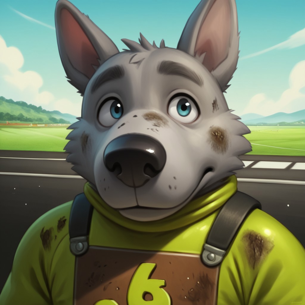 score_9, score_8_up, score_7_up, score_6_up, score_5_up, score_4_up, source_furry
anthro, ((1boy, solo)), Stinkbert, grey fur, big nose, terrier, dog, bodysuit, dirty fur,
BREAK
detailed background, raceway pitstop scenery, (((bust portrait)))