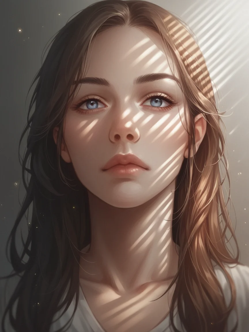 score_9, score_8_up, score_7_up, score_6_up, score_5_up, score_4_up, <lora:V3n3t14nXLP2:1> v3n3t14n, venetian blinds lighting, low light, dark room, lined lighting, long hair, 1girl, light particles, closed mouth, <lora:1dkXLP:0.3> 1dk, close-up, portrait