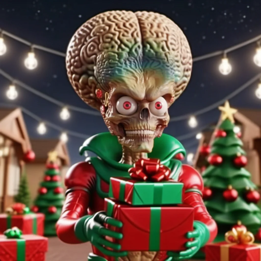 MarsAttack1024, an alien, ++((full body)), christmas scenery, garlands, gifts, christmas tree, features intricate detail, detailed eyes, highly detailed, photography, ultra sharp, film, bokeh, professional, 4k <lora:MarsAttack1024:0.7> <lora:add-detail-xl:2>