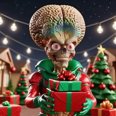 MarsAttack1024, an alien, ++((full body)), christmas scenery, garlands, gifts, christmas tree, features intricate detail, detailed eyes, highly detailed, photography, ultra sharp, film, bokeh, professional, 4k    <lora:MarsAttack1024:0.7> <lora:add-detail-xl:2>