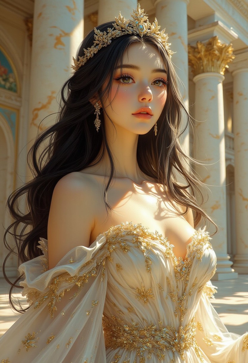 Style of Rembrandt and Heather Theurer, chest-up portrait in a fantasy setting, featuring a beautiful and regal goddess. She exudes serenity and divine presence, wearing an exquisite white and gold gown adorned with intricate peacock feather patterns. A golden diadem rests atop her long, flowing dark hair. The background features a grand marble temple with towering columns and ornate frescoes. Soft divine light bathes the scene, creating an atmosphere of reverence and awe. The artwork boasts detailed brushwork, vibrant colors, and a blend of realism with touches of mythology.