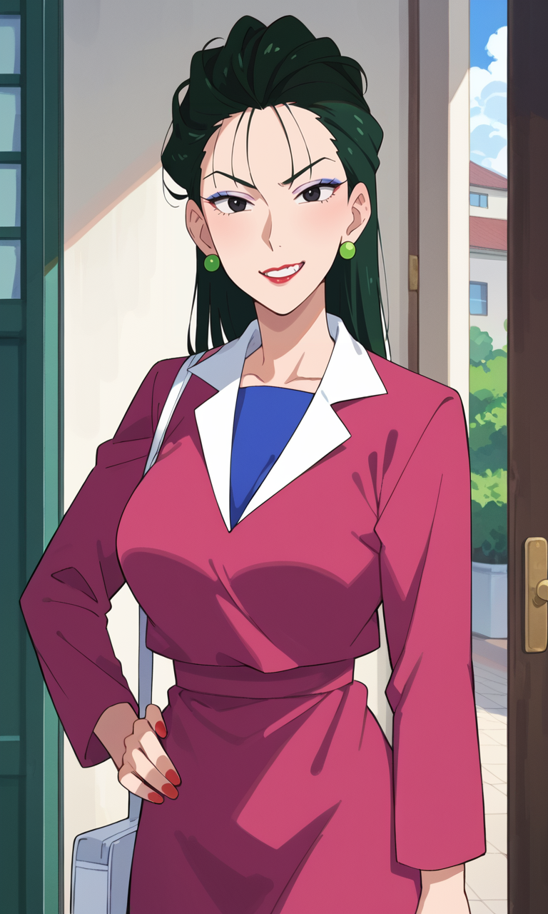 (1girl:1.5), (solo:1.3), (score_9, score_8_up, score_7_up, score_6_up, score_5_up, score_4_up), (source_anime), rating_questionable, (urima-kuriyo), (black eyes, eyelashes, eyeshadow, dark green hair, long hair, hair slicked back, earrings, red lips, lipstick, makeup, red nail polish), (purple dress, collared dress, white collar, blue inner t-shirt, long sleeves), (large breasts), <lora:urima-kuriyo_v1:0.8> 
white shoulder bag, 
outdoors, blue sky, 
hand on own hip, 
(looking at viewer, smirk, teeth:1.3), 
portrait, 
Residential area, 
doorway,