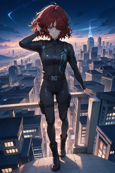 score_max, (score_9, score_8_up, score_7_up:1.2), score_6_up, official art, source_anime,
, masterpiece, absurdres, high detail, 8k,
night, skyscraper, city landscape, city lights, on rooftop, wind,
standing, adjusting hair, expressionless,
ami, hair over one eye, messy hair, medium hair, black bodysuit, belt, black pants, black boots,
<lora:XL_Pony_anime-lupin5-ami-t2:1.3>