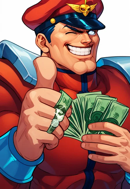 score_8, score_8_up, score_7_up, score_6_up, source_cartoon, ededdneddy BREAK, 1boy, solo, male focus, M bison, (street fighter), red uniform, hat, grin, white eyes, peaked cap, manly, military uniform, muscular, thumbs up, one eye closed, grin, smile, money, holding money, portrait, cropped torso, gangstersb