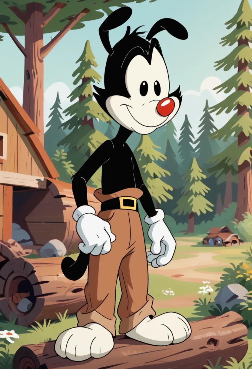 score_9, score_8_up, score_8, <lora:Yakko_Warner_Animaniacs_for_PonyXL:0.8> 1boy, animal ears, y4kk0, white gloves, belt, pants, outdoors, fall, forest, log cabin, lumberjack, solo