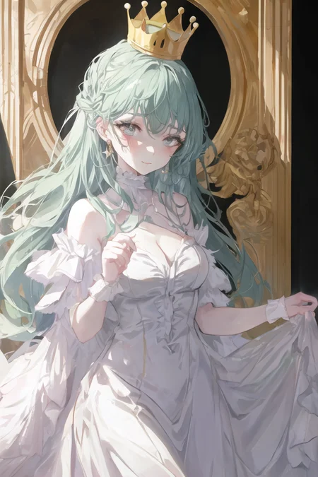 art by Cornflower, dreamy, full body
(extremely detailed, a chibi, girl with white marble glowing skin and dot nose and perfect symmetrical pretty face with blush cheeks, wavy hair slight smile pretty eyes with catchlight perfect oval iris, elegant dress with many frills, a crown on the head, gold accessories, jewelry, glint, light rays standing in castle with many flowers
)
