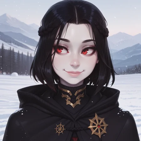 masterpiece, best quality, absurdres, highres, high quality, highly detailed,
1girl, solo, Serana, black hair, black hair, braids, pale skin, red eyes, black capelet, hood down, looking to the side, smile,
clothing,
upper body, face focus, portrait,
outdoors, depth of field, cinematic, snow, mountainous horizon,
no lineart, pixelsketcher, <lora:incase_new_style_red_ill:0.6>, <lora:bonifasko_ill:0.4>, <lora:Serana_Vpred:0.9>