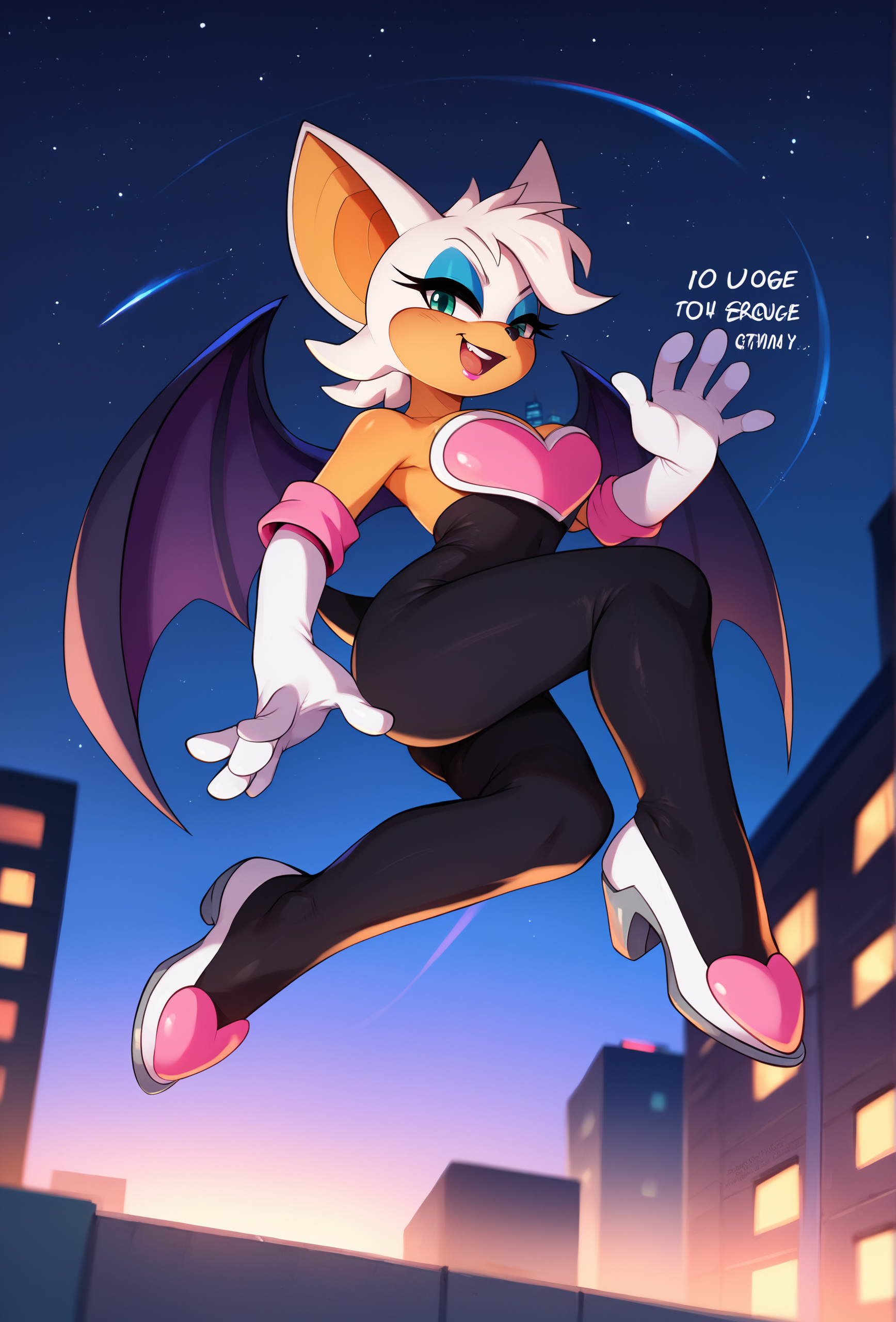 score_9, score_8_up, score_7_up, score_6_up, score_5_up, score_4_up,  <lora:shadowill_style_ponyXL_v1.2:1> shadowillstyle, depth of field, (english text, character name:1.1), city, night, starry sky, rooftop
1girl, furry, rouge the bat, solo,  jumping, low angle
