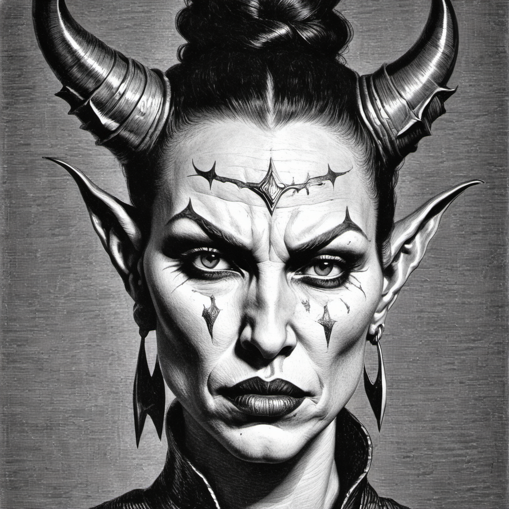 portrait of a demon woman with thick lips and pointy ears,greyscale,monochrome,art by llbreton, <lora:LLBretonXLRecent:0.8>