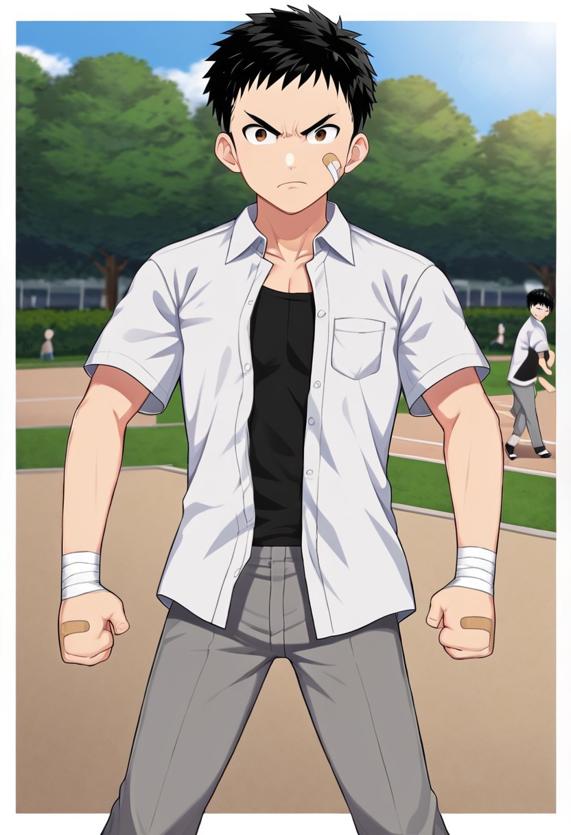 harmard, black hair, short hair, brown eyes, 1boy, solo, solo focus, wear white shirt, unbuttoned shirt, chest pocket, black t-shirt, grey pants, plaster on cheek, bandage on hands, at park, outdoor, fight pose, furious expression