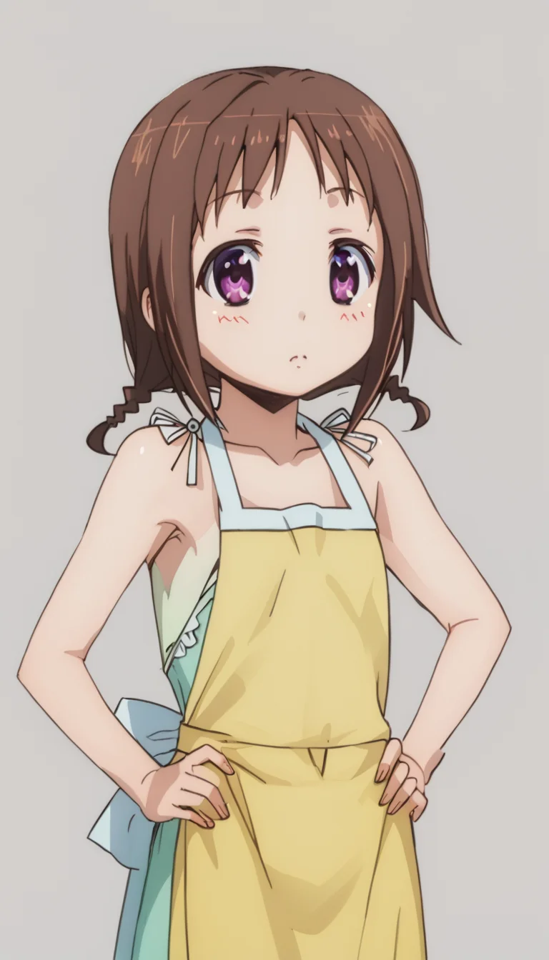 misatowakana,brown hair,purple eyes,short braids,simple background,apron,<lora:Misato_Wakana-000010:1>,
