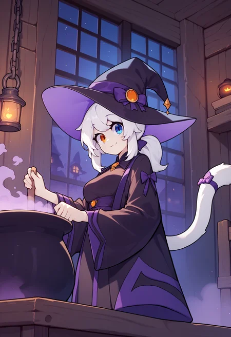 score_9,score_8_up,score_7_up, source_anime,
1girl, white hair, orange eyes, blue eyes, heterochromia, medium breasts, ponytail, medium hair, cat girl,tail, witch hat, black robe,cauldron, purple fog,purple smoke,old hut, indoors, wooden interior,tail ribbon, smiling, night, <lora:Fizintine_v1-000010:0.95>