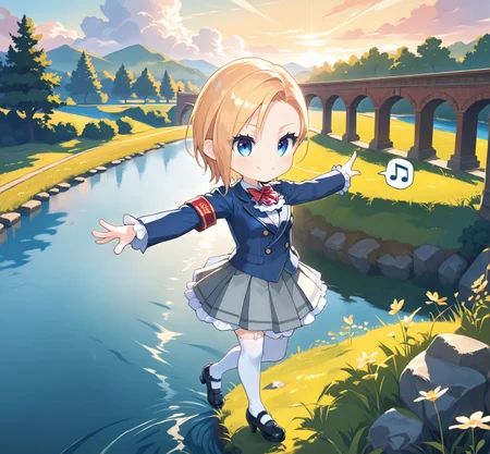 score_max, (score_9, score_8_up, score_7_up:1.2), score_6_up, official art, source_anime,
, masterpiece, absurdres, high detail, 8k,
river, stepping stones, sunset, bridge,
skipping, outstretched arms, smile, spoken musical note, 
(chibi:1.2), solo, eriza, school uniform, blazer, long sleeves, red bowtie, ascot, white shirt, armband, pleated skirt, grey skirt, frills, white thighhighs, garter straps, mary janes, high heels,
<lora:XL_Pony_MGCM-eriza-t1:1.2>