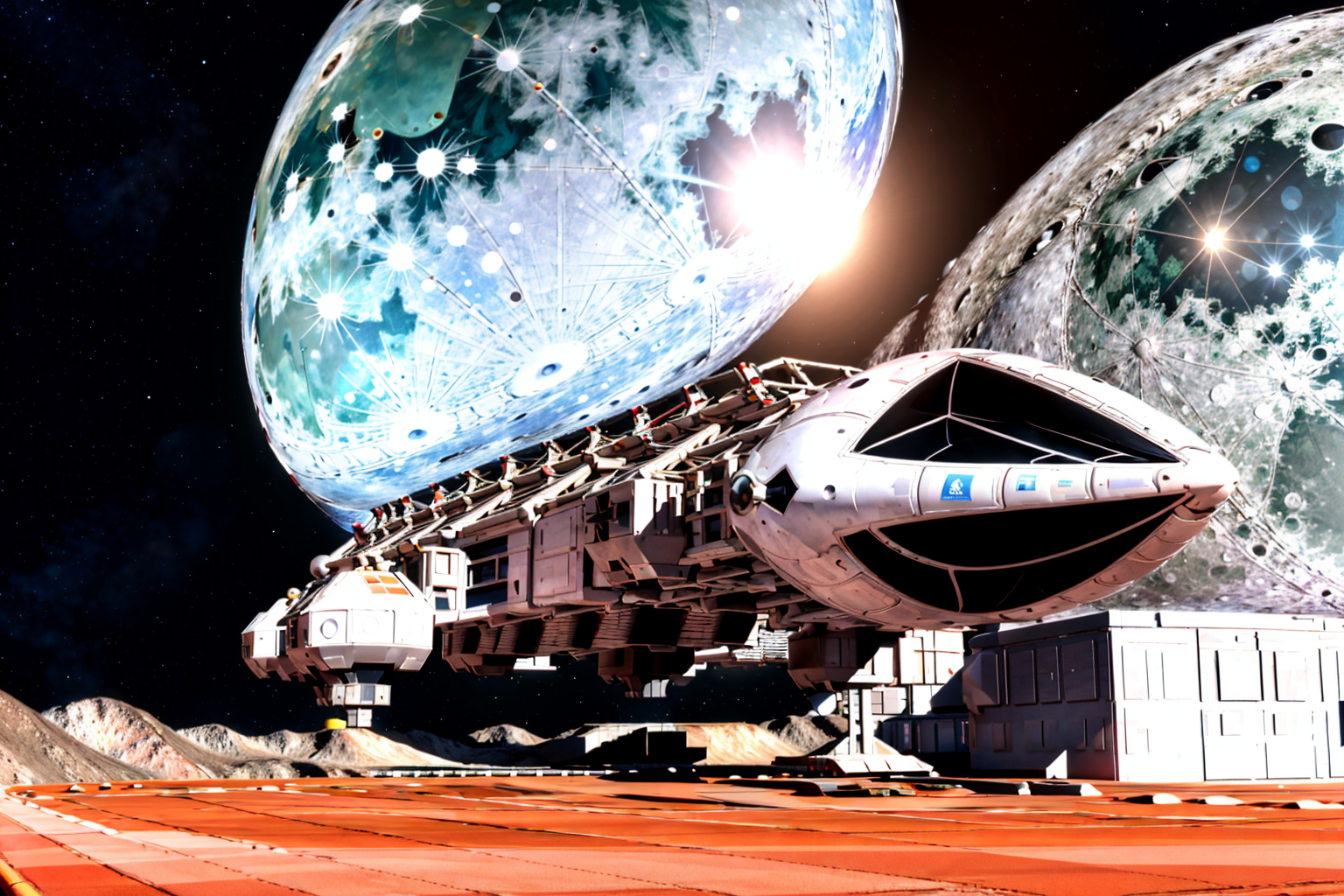 (Realistic:1.5) (masterpiece) EdobSpace1999Eagle, military, no humans, black background, machinery, spot color, science fiction, military vehicle, cable, vehicle focus, space background, no humans, moon, star (sky), lens flare, science fiction, sun, retro artstyle, space, planet, earth (planet), spacecraft, concept art, (view from rear:1.5), <lora:EdobSpace1999Eagle_v1.0:1>
