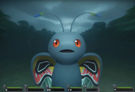 masterpiece, best quality, solo, looking at viewer, <lora:left4dead2-Style-illus_Fp:1>, 3d, cloudy sky, gameplay mechanics, night, forest, <lora:Mothman-illus_Fp:1>, mothman, pokemon \(creature\), no humans, wings, antennae, open mouth,