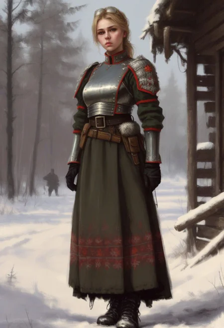 beautiful slim large-breast young heavy-armor female Russian soldier, long dress, socks, boots, digital painting in jrst artstyle