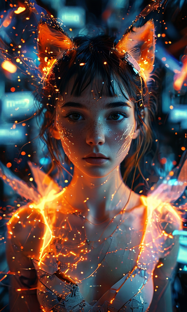 girl with fox ears surrounded by information technology processes, masterpiece, fantasy, digital art, highly detailed, overall detail, atmospheric lighting, Awash in a haze of light leaks reminiscent of film photography, awesome background, highly detailed styling, studio photo, intricate details, highly detailed, cinematic, <lora:MJ52:0.6>,  <lora:add-detail-xl:0.6>,  <lora:glowneon_xl_v1:0.5> glowneon, glowing, sparks,  <lora:gl1tchXLP:0.7> gl1tch, glitch