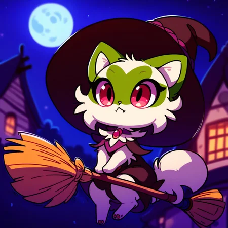 score_9,score_8_up,score_7_up, 1girl, pokemon creature, no humans, cat, feral, furry, pink eyes, fangs, Witch hat, witch dress, night, sitting in a broom, flying in broom, outdoors, night, house with halloween decoration, halloween, big moon on sky, moon with skull face, MegaFluffyPony, furry, fluffy