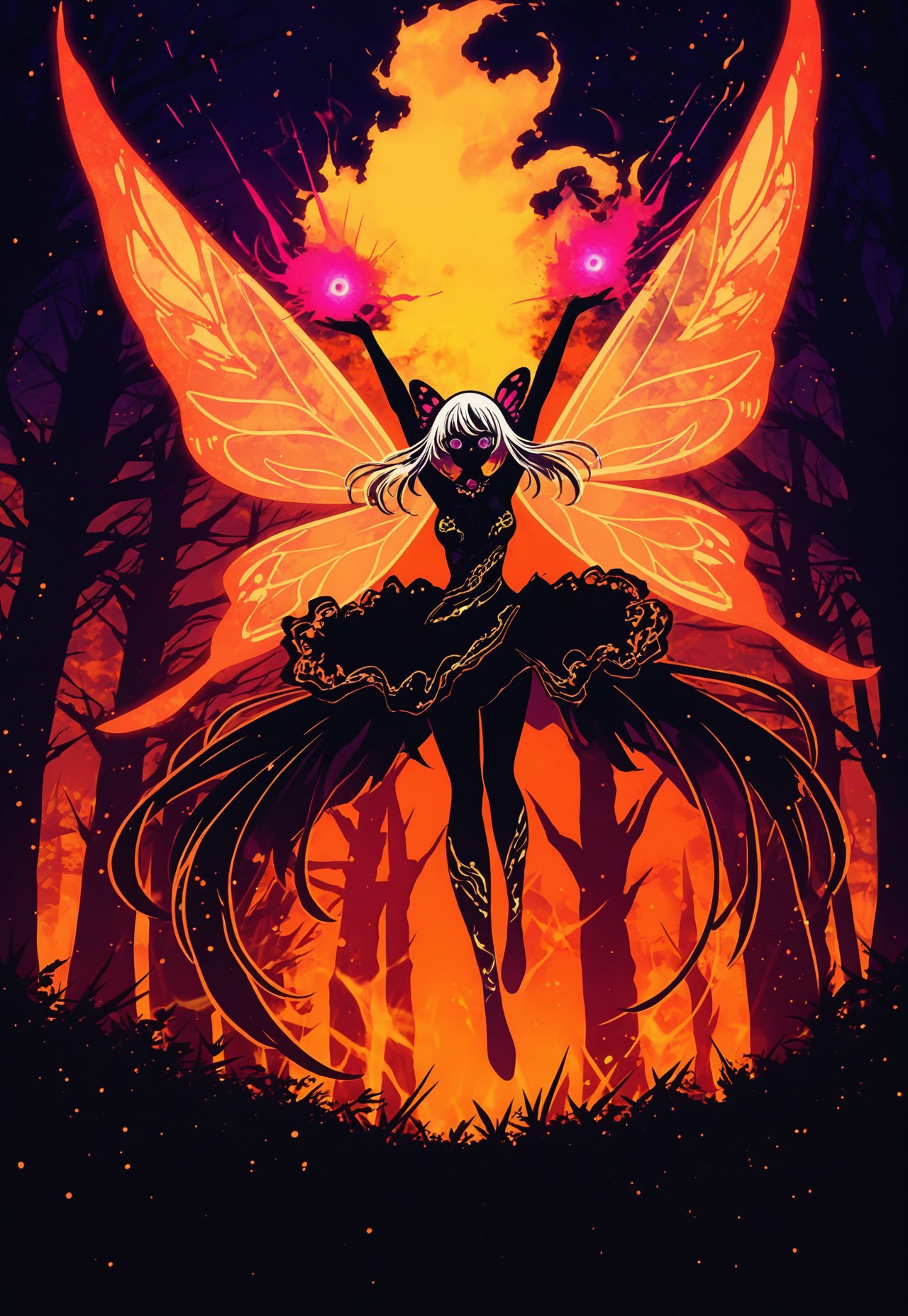 masterpiece, best quality, amazing quality, very aesthetic, absurdres, newest, LeIsT0_illu, harada miyuki style, b3rr1_illu, 
BREAK,
1girl, solo, translucent breast wrap, silk clothing, flowing flower skirt, butterfly wings, floating, long white hair, purple eyes, medium breasts,
alcohol ink sketch, vibrant smoldering accent, shiny gold color scheme, arms above head, arms spread, fire arcs, fire slashes, magic swirls, fire swirls,
BREAK, orange monochrome background, forest, night, moonlight, mysterious atmosphere, outdoors, dramatic lighting, detailed background, deep contrast, limited color palette, high contrast black, dramatic composition, 