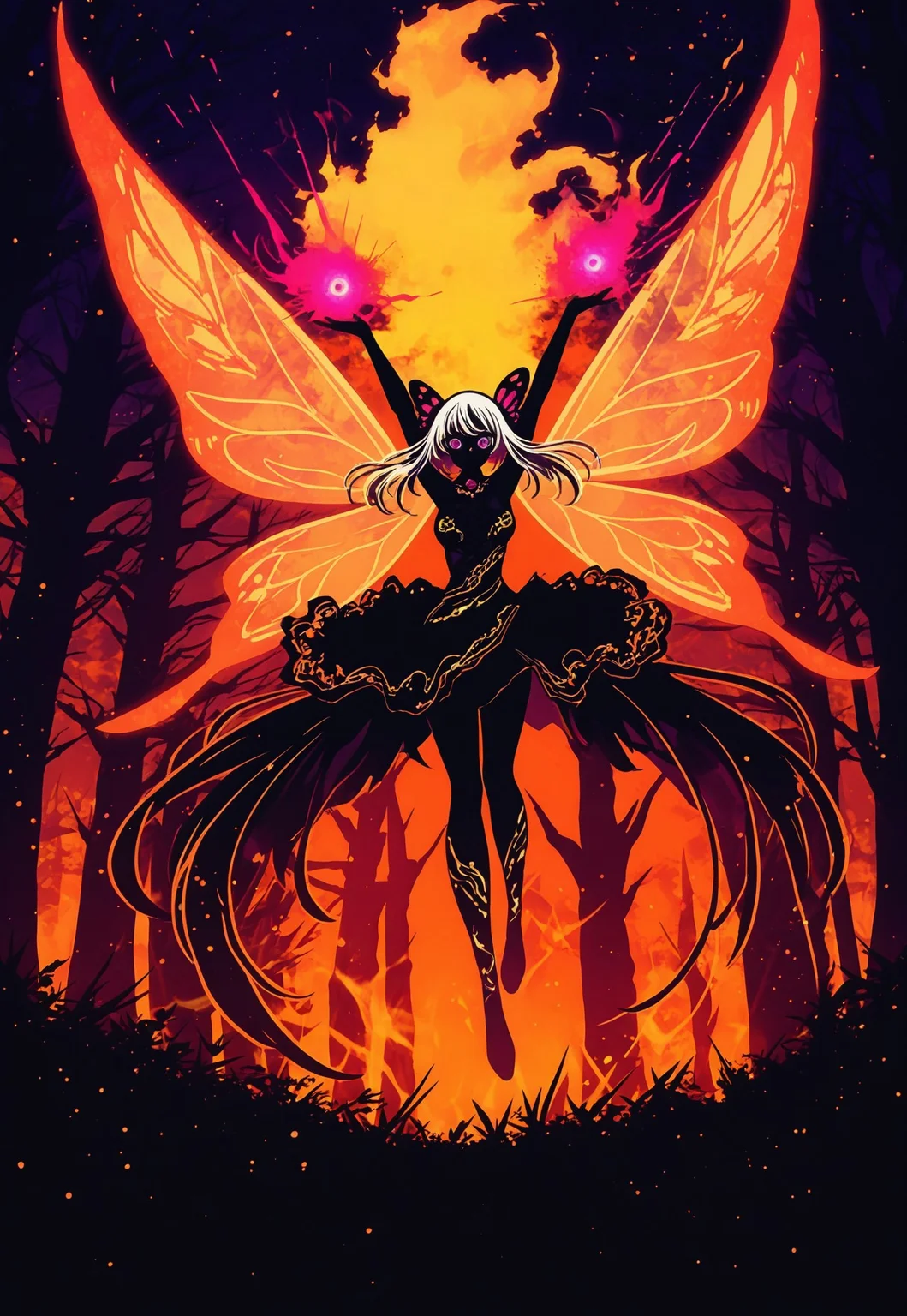 masterpiece, best quality, amazing quality, very aesthetic, absurdres, newest, LeIsT0_illu, harada miyuki style, b3rr1_illu,
BREAK,
1girl, solo, translucent breast wrap, silk clothing, flowing flower skirt, butterfly wings, floating, long white hair, purple eyes, medium breasts,
alcohol ink sketch, vibrant smoldering accent, shiny gold color scheme, arms above head, arms spread, fire arcs, fire slashes, magic swirls, fire swirls,
BREAK, orange monochrome background, forest, night, moonlight, mysterious atmosphere, outdoors, dramatic lighting, detailed background, deep contrast, limited color palette, high contrast black, dramatic composition,