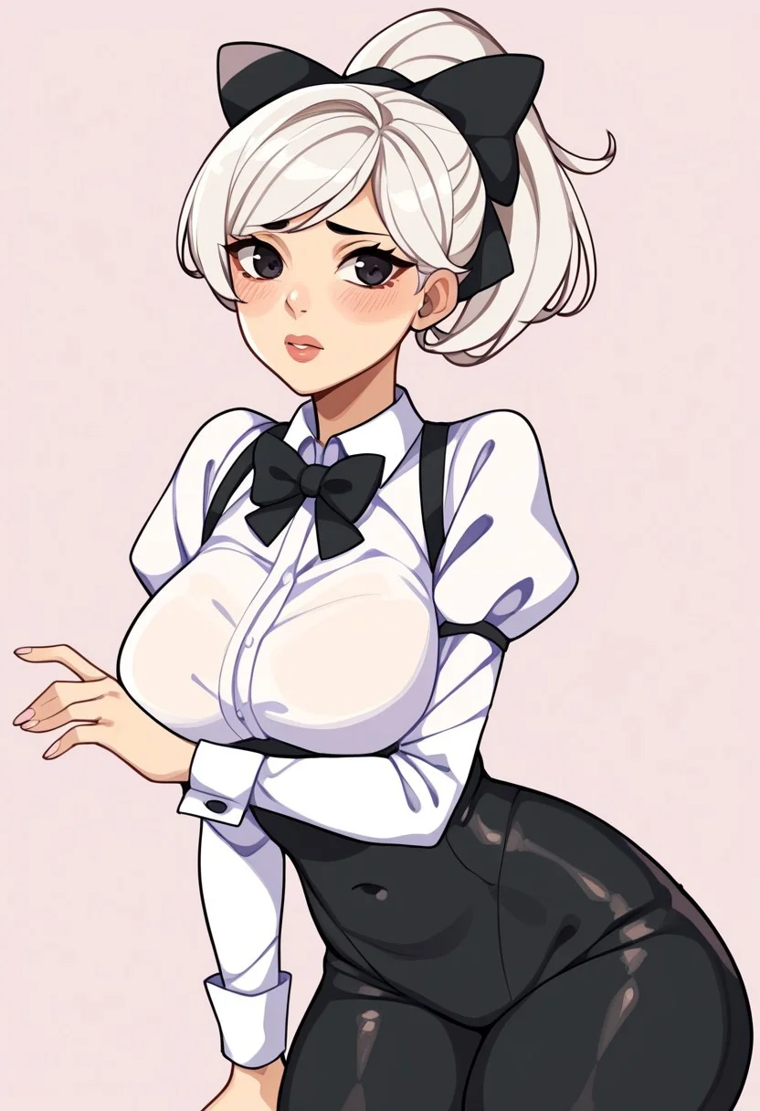 score_9, score_8_up, score_7_up, score_6_up, score_5_up, score_4_up, source_cartoon, <lora:confetti-extract- ponyxl:0.85>, detailed eyes, easynegative, rating_explicit, Expressiveh, 1girl, solo,
Geraldine, shirt, long sleeves, white shirt, white hair, ponytail, sidelocks, thighs, hair bow, collared shirt, pants, puffy sleeves, bowtie, black eyes, wrist cuffs, black bow, dress shirt, swept bangs, black pants, high ponytail, juliet sleeves, black bowtie, sleeve cuffs, traditional bowtie, necktie, big breasts, blush, shy,