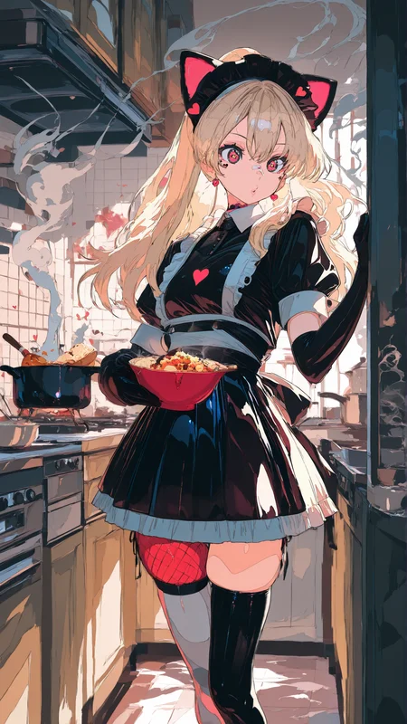 masterpiece, newest,absurdres,incredibly absurdres, best quality, amazing quality, very aesthetic, 
1 girl, kitchen, latex maid, blonde, pursed lips, miniskirt, mismatched thighhighs, hearts, presenting food, smoke,
 <lora:c0gecha_illu:1> c0gech4, ligne claire <lora:Face_Enhancer_Illustrious:0.3> <lora:svevsty:1> svevsty