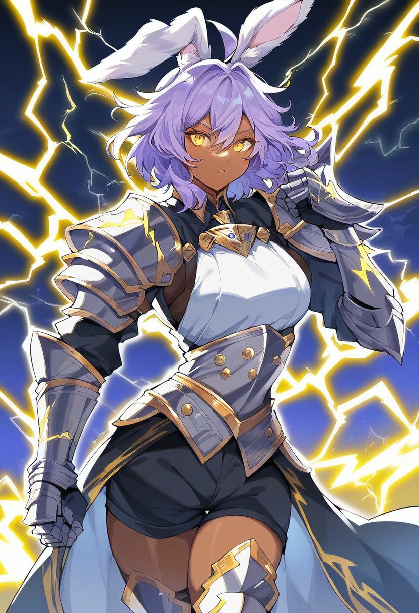 score_9, score_8_up, score_7_up, 1 woman, solo, dark skinned woman, black woman, big boobs, light purple hair, short hair, curls in front of hair, bangs, longer hair in between eyes, ahoge, light purple bunny ears, real bunny ears, floppy bunny ears, purple bunny ears, bunny ears in hair, bunny ears drooping in the back of head, necklace, knight armor, black armored shoulder plates, knight greaves on both legs, knight gauntlets, black shorts, thigh shorts, white vest, black tailcoats, black cloak, gold accents on suit, gold buttons on suit, walking in alleyway, dark alleyway, lightning, thunder, woman holding lightning, woman holding yellow lightning, yellow lightning effects on hands, yellow lightning bolt in hands, woman holding buzz, yellow thunder, yellow lightning, glowing eyes, purple glowing eyes, action pose, ready to strike,