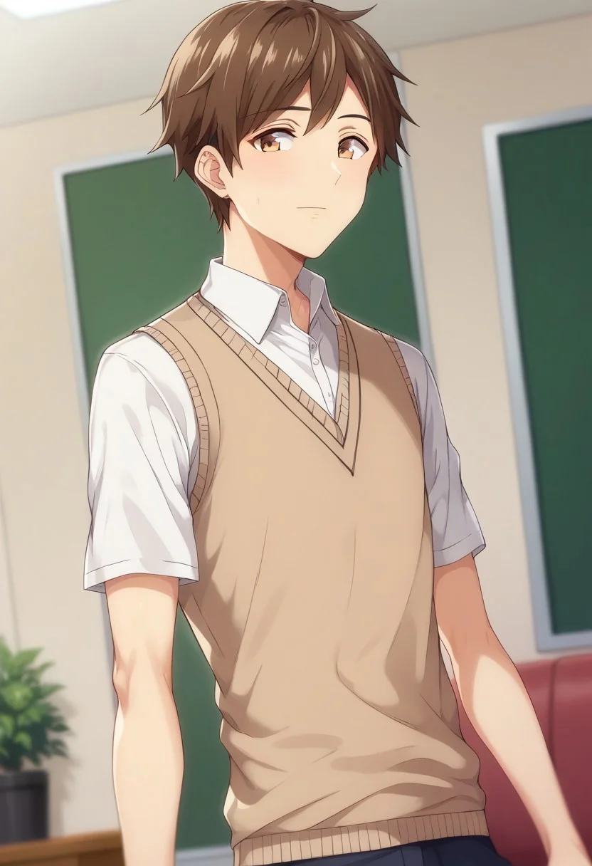 score_9,score_8_up,score_7_up,score_6_up,blurry, blurry background,1boy,solo,imaizumik,brown eyes,brown hair,school uniform,sweater vest,shirt,white shirt,short sleeves,pants,upper body,volumetric light,standing,posing,friendly,indoors,living room,cowboy shot,dutch angle