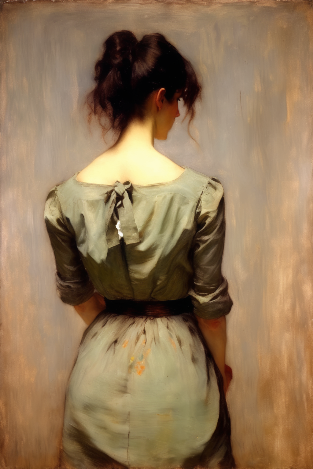 <lora:William Merritt Chase Style:1>William Merritt Chase Style - Beautiful brunette woman from behind wearing a shirtdress, oil painting