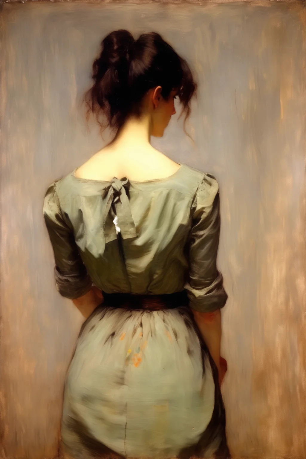 <lora:William Merritt Chase Style:1>William Merritt Chase Style - Beautiful brunette woman from behind wearing a shirtdress, oil painting