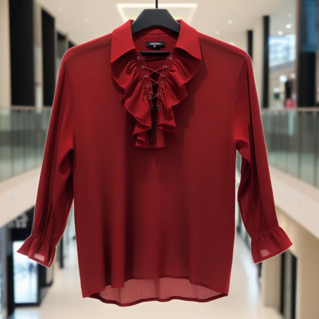 cinematic still PRTSHIRT, clothing only, red ruffle shirt on a hanger, drawstring, in a modern shopping mall . emotional, harmonious, vignette, 4k epic detailed, shot on kodak, 35mm photo, sharp focus, high budget, cinemascope, moody, epic, gorgeous, film grain, grainy, PRTSHIRT, clothing only, red ruffle shirt on a hanger, drawstring, in a modern shopping mall, professional cinematic composition, dramatic atmosphere, detailed, sharp focus, ambient light, dynamic, elegant, intricate, very inspirational, inspiring, color, full background, creative, beautiful, epic, enhanced, inspired, gorgeous, illuminated, best, awesome