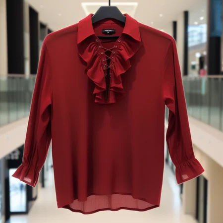 cinematic still PRTSHIRT, clothing only, red ruffle shirt on a hanger, drawstring, in a modern shopping mall . emotional, harmonious, vignette, 4k epic detailed, shot on kodak, 35mm photo, sharp focus, high budget, cinemascope, moody, epic, gorgeous, film grain, grainy, PRTSHIRT, clothing only, red ruffle shirt on a hanger, drawstring, in a modern shopping mall, professional cinematic composition, dramatic atmosphere, detailed, sharp focus, ambient light, dynamic, elegant, intricate, very inspirational, inspiring, color, full background, creative, beautiful, epic, enhanced, inspired, gorgeous, illuminated, best, awesome