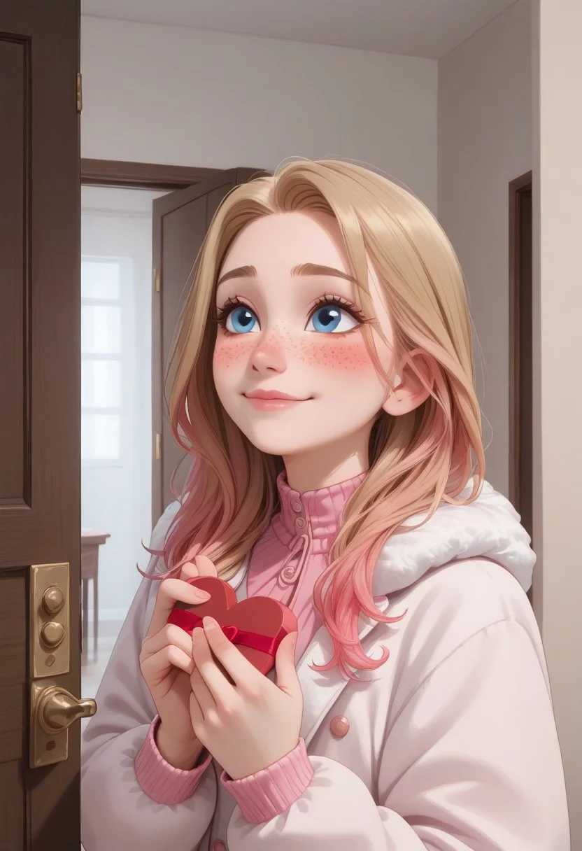 score_9, score_8_up, score_8, semi realistic, perfect detailed face, detailed fingers, perfect face, detailed eyes.
((1girl)), slim, small breasts, long hair, blonde hair dyed brown, pink ombre, pink inner hair, multicolored hair, blue eyes, freckles, dark makeup,
valentine, looking slightly up, holding a love letter,
pink winter coat,
blush, very shy, shy gentle smile,
doorway at winter, closed door,
upper body shot,