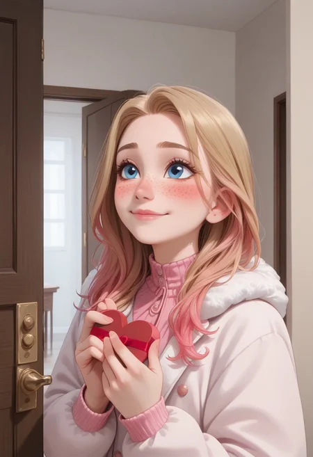 score_9, score_8_up, score_8, semi realistic, perfect detailed face, detailed fingers, perfect face, detailed eyes.
((1girl)), slim, small breasts, long hair, blonde hair dyed brown, pink ombre, pink inner hair, multicolored hair, blue eyes, freckles, dark makeup,
valentine, looking slightly up, holding a love letter,
pink winter coat,
blush, very shy, shy gentle smile,
doorway at winter, closed door,
upper body shot,