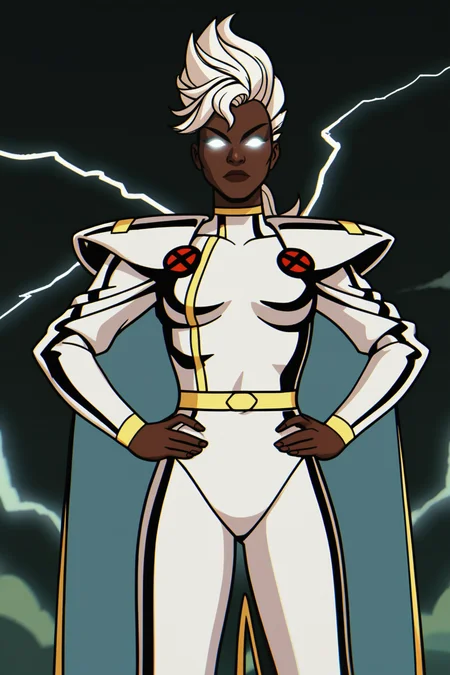 score_9, score_8_up, score_7_up, score_6_up, score_5_up, score_4_up, BREAK, <lora:Storm-000007:.8>, 1girl, Ororo, white eyes, no pupils, glowing eyes, very dark skin, white hair, mohawk, white bodysuit, white boots, white cape, standing, hands on hips, lightning