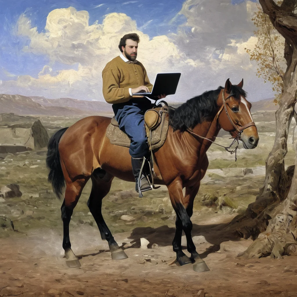 Painting of man on the horse with laptop <lora:Acdemical_paintings_of_Henryk_Siemiradzki:1>