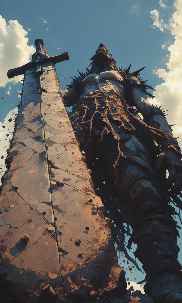 masterpiece, dramatic lighting, sky splitting phenomenon, epic sword, from below, foreshortening, perspective, detailed, sharp,<lora:- iLL - combined_concept_V1.0-step00033500:.8>, <lora:ck-shadow-circuit-IL:0.7>
