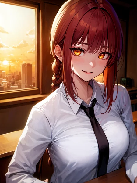 makima \(chainsaw man\), best quality, ultra detailed, 1girl, solo, red hair, long braided hair, golden eyes, bangs, medium breasts, white shirt, necktie, stare, smile, (evil:1.2), looking at viewer, (interview:1.3), desk, sunset, warm lighting, large window