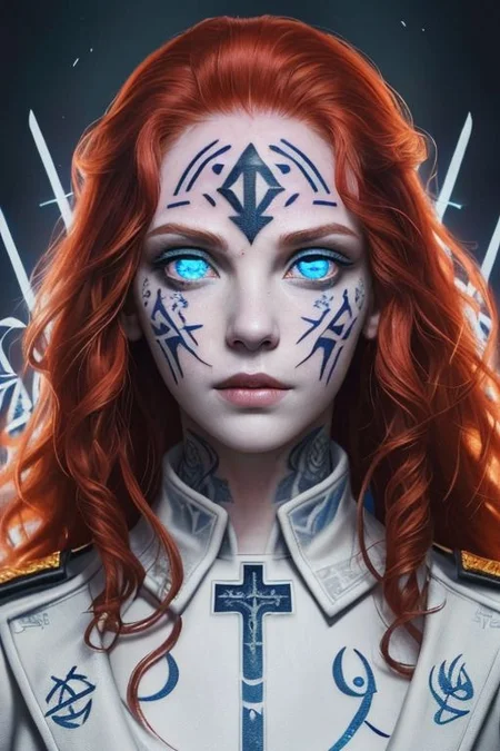 bright red hair, human female, (feminine:1.7), (beautiful face, detailed face:1.6), (beautiful eyes, detailed eyes:1.7), (looking at viewer, eye contact, intense:1.6), (long hair, red hair, curly hair:1.3), , ((masterpiece, best quality, high resolution, realistic, best quality,)), photo realistic, Perfect Face, (detailed face). <lora:GoodHands-vanilla:0.6> <lora:add-detail-xl:0.8>, mage, (Dress White military uniform coat), dagger, rune dagger, glowing runes, , (((glowing magic symbols tattoos, religious tattoos))), ((face tattoos)), glowing tattoos, stone tower in the background