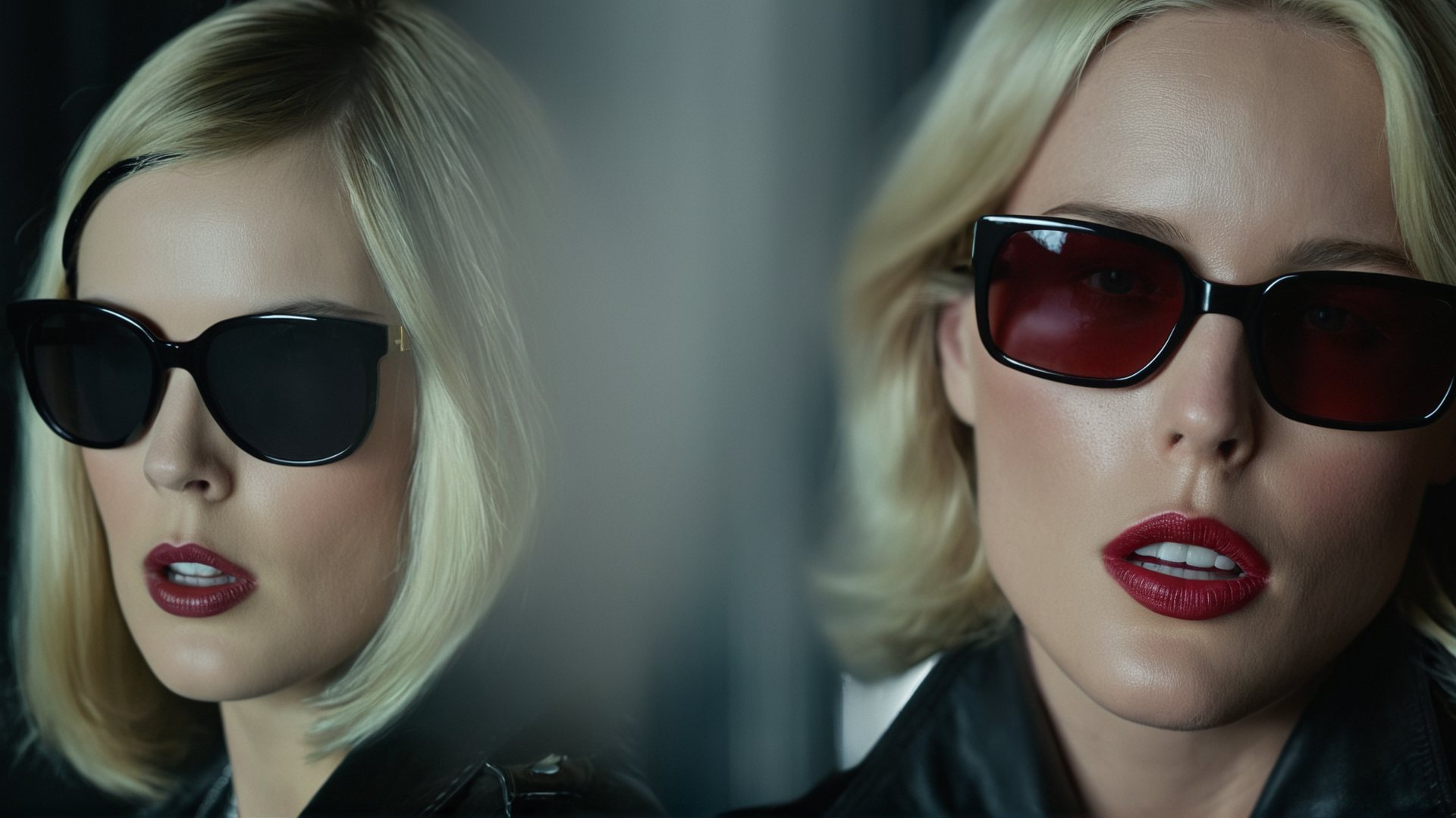 cinematic film still of  <lora:Unreal Engine style:0.3>
 <lora:detailed:0.3>
<lora:perfection style:0.3>
 <lora:Chiaroscuro Lighting Style:0.1>
 <lora:Fine art photography style:0.3>
 <lora:Split Diopter style:1>
Split image focus of a closeup of a 1970's woman looking at camera with another mysterious blonde woman with a leather jacket and black sunglasses in backgroun in a dark room,Split Diopter style,1girl,solo,long hair,looking at viewer,blonde hair,parted lips,sunglasses,reflection,realistic,red lips,nearsighted,farsighted,split,split focus,focus,sharp focus,deep focus,Split focus,split screen , artistic, Kodak, dramatic light, dramatic shadow light, contrast, saturated color, cinematic, filmic, motion picture, realistic, realism, perfection, perfect, deep focus, clean image, wide screen, detailed image, cinematic, deep space composition, shallow depth of field, vignette, highly detailed, high budget, bokeh, cinemascope, moody, epic, gorgeous, film grain, grainy